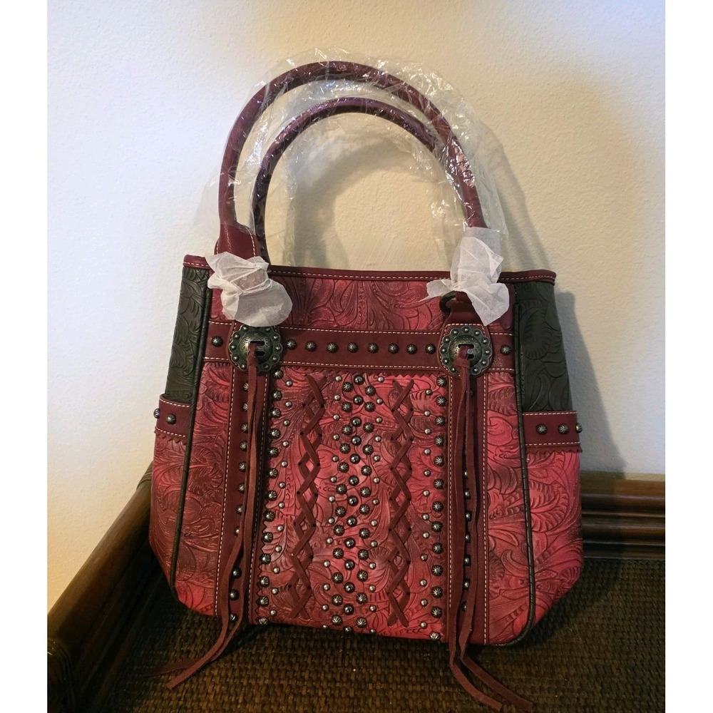 Montana West Red Western Tote Purse Studded Embossed Floral Lace Up Fringe Bag